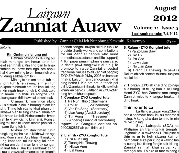 Lairawn Zanniat Auaw: Vol-1 Issue-5 Aug 2012